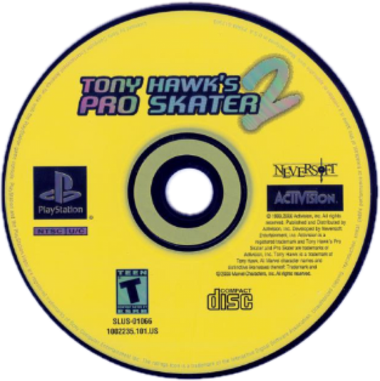 Tony Hawk’s Pro Skater 2 disc art for PlayStation 1 (PS1) video game, skateboarding sports action, trick-based gameplay, iconic extreme sports classic