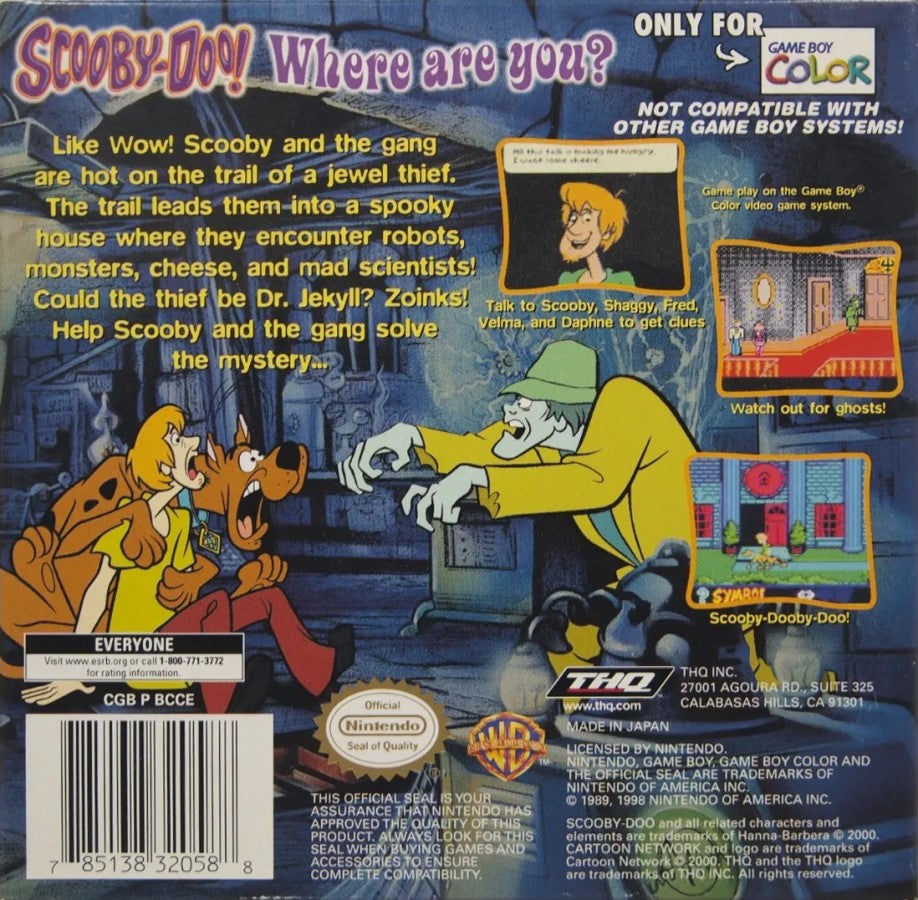 Scooby Doo Classic Creep Capers for Game Boy Color, back of case for an adventure puzzle video game with mystery-solving gameplay, exploration, cartoon-style characters, and story-driven challenges