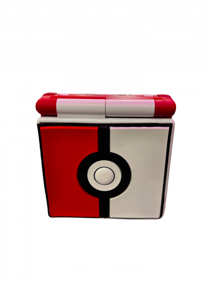 Custom Poké Ball designed Game Boy Advance SP shell featuring vibrant IPS backlit screen and unique collector style closed and standing view