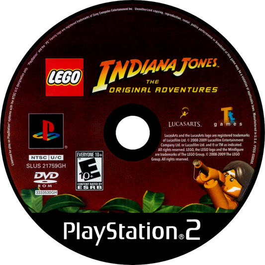 LEGO Indiana Jones The Original Adventures PlayStation 2 PS2 video game, action adventure, LEGO-style gameplay, movie tie-in, family-friendly title disc