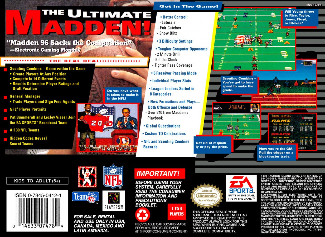 Madden NFL 96 for Super Nintendo Entertainment System with classic 16-bit football simulation theme back cover