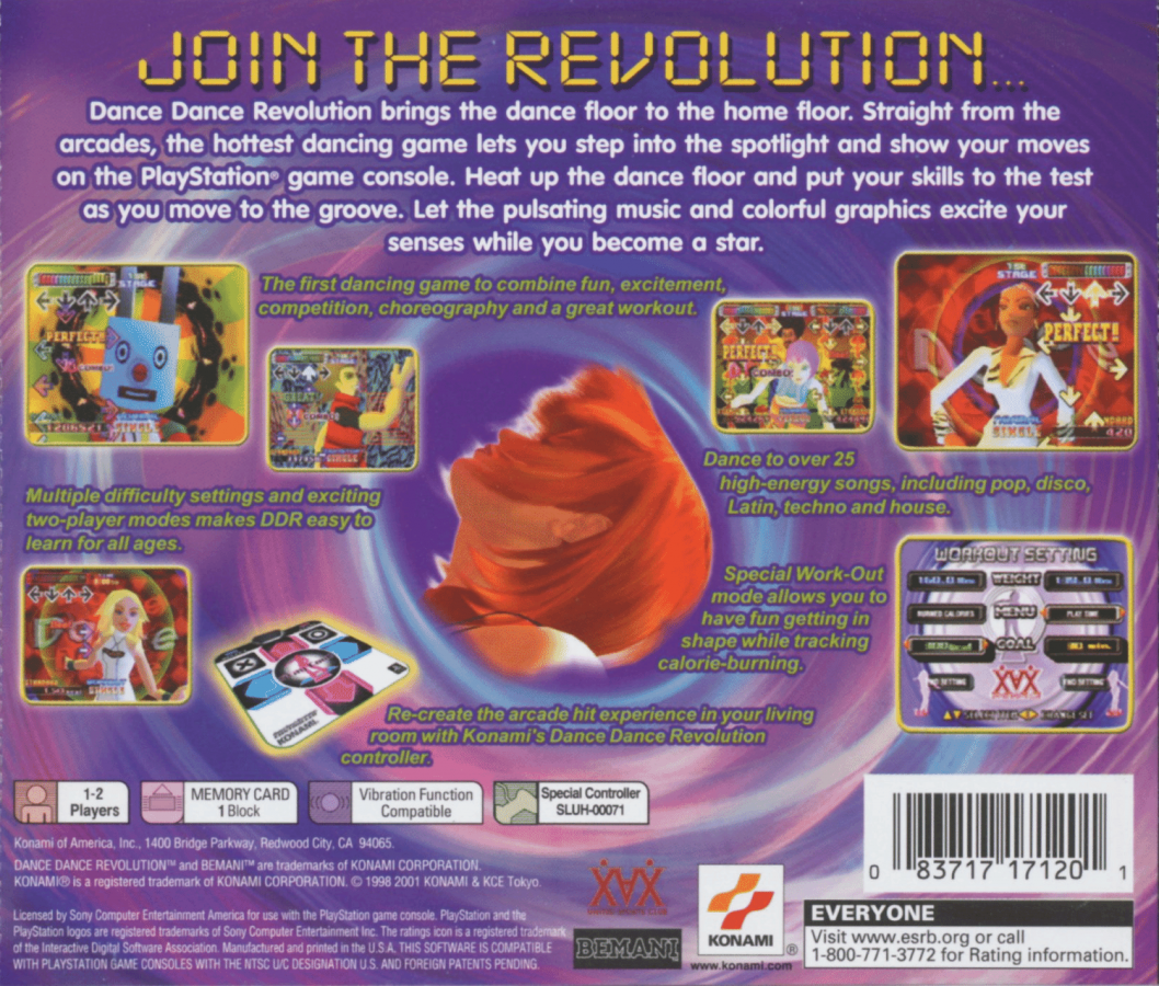Dance Dance Revolution back of case for PlayStation 1 (PS1) retro dance video game