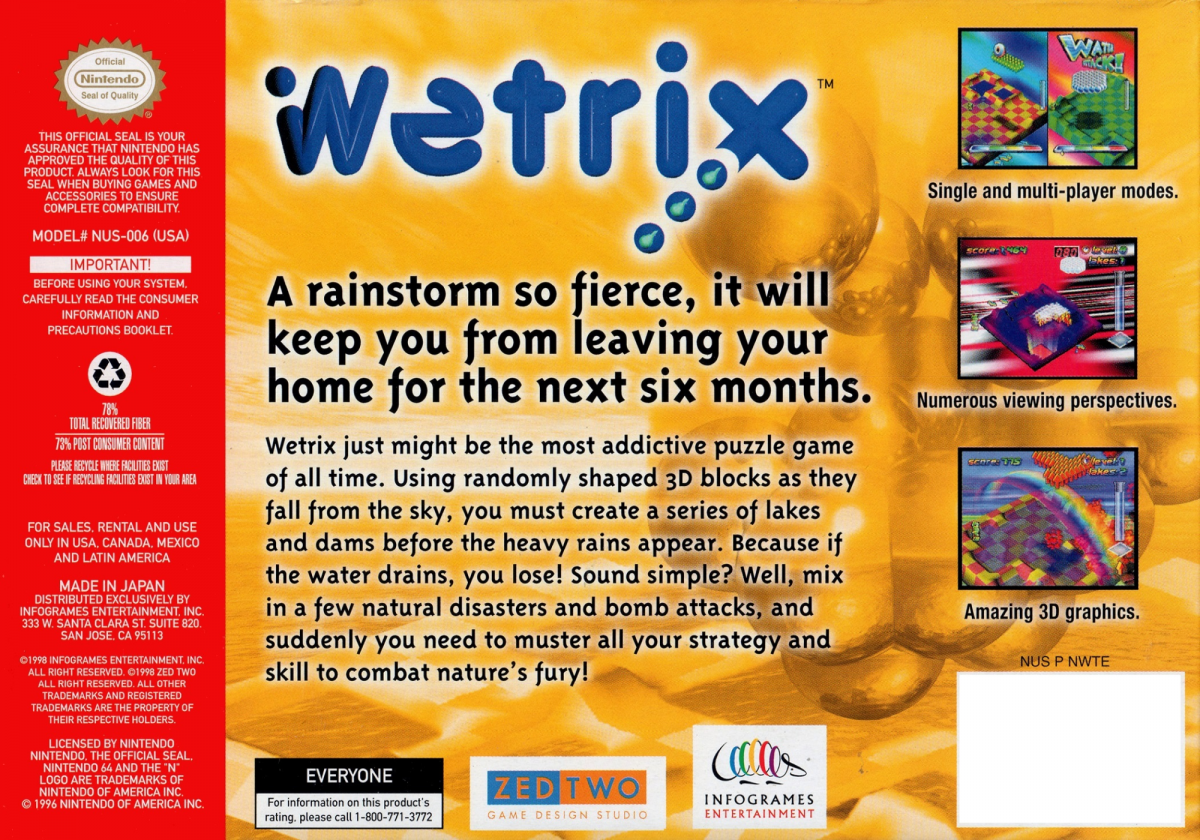 Wetrix back cover art for Nintendo 64 N64 video game