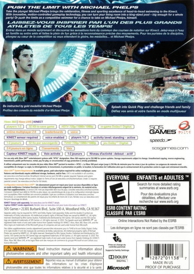Michael Phelps: Push the Limit back of case for Xbox 360 (X360) motion-controlled swimming sports video game