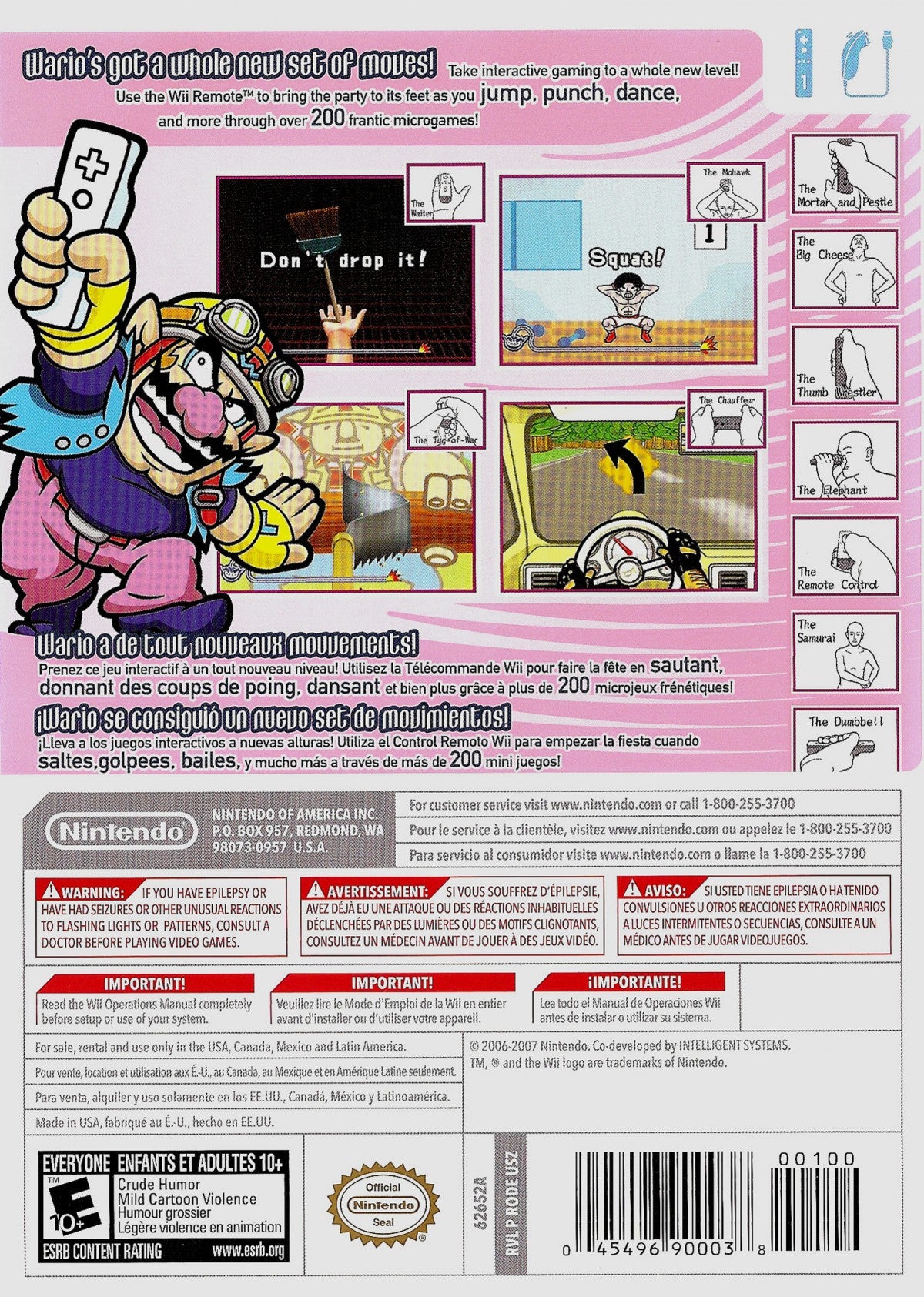 WarioWare Smooth Moves Wii game featuring fast-paced motion-controlled microgames, quirky humor, and chaotic party gameplay using Wii Remote gestures back cover art