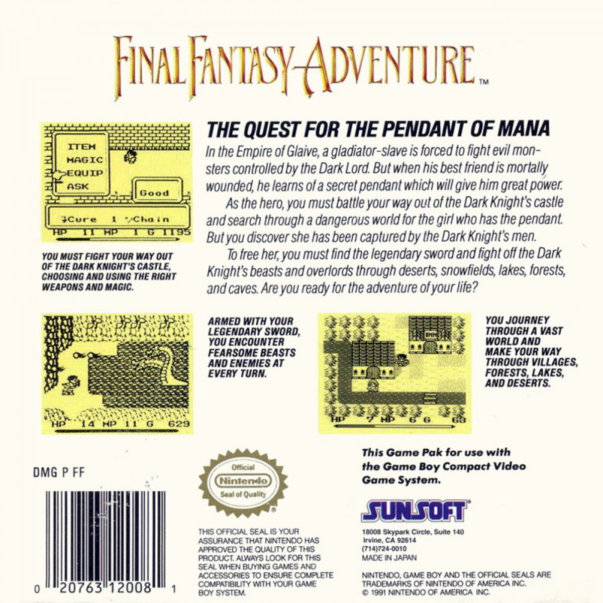 Final Fantasy Adventure Game Boy action RPG top-down adventure prequel to Secret of Mana back cover art