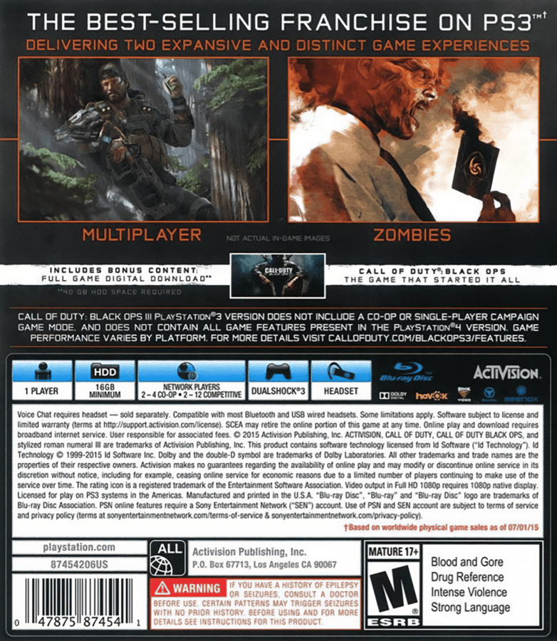 Call of Duty: Black Ops III back cover art for PlayStation 3 (PS3) video game