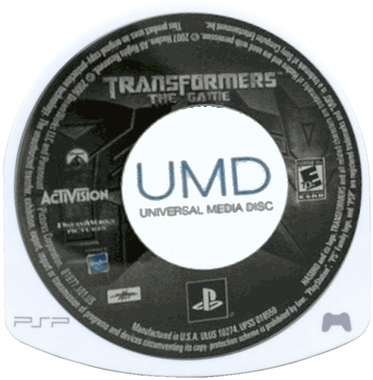 Transformers The Game PlayStation Portable PSP cartridge for retro video game enthusiasts featuring action adventure gameplay robot transformation mechanics Autobot and Decepticon combat missions cinematic movie based storyline destructible environments and portable handheld explosive sci fi gaming experience and collectible gaming appeal