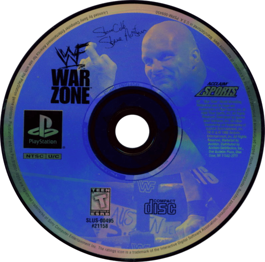 WWF War Zone game for the PlayStation featuring professional wrestling gameplay with a roster of WWF superstars create a wrestler mode multiple match types and arcade style combat based on late 90s wrestling entertainment disc