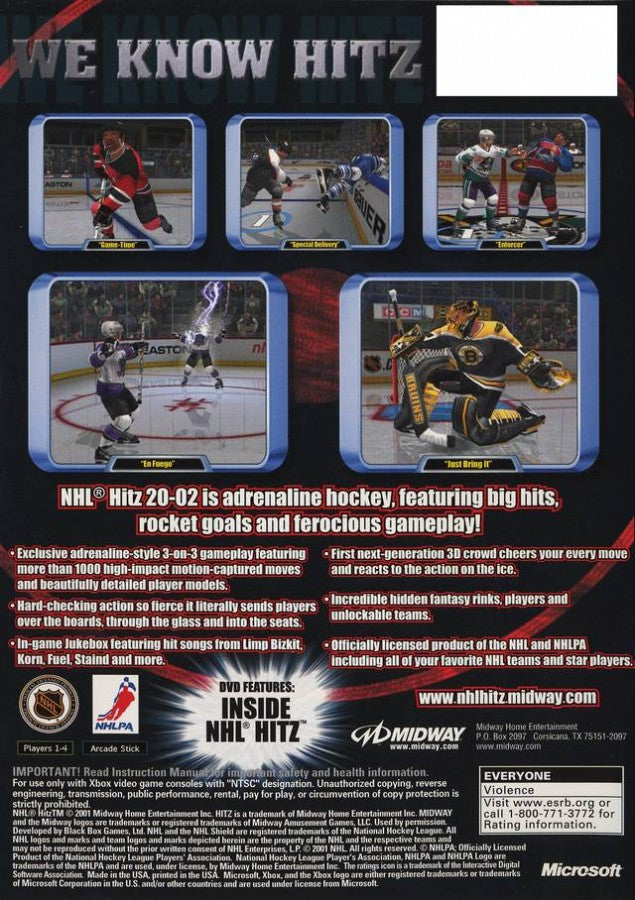 NHL Hitz 2002 Xbox featuring intense arcade-style hockey action back cover art