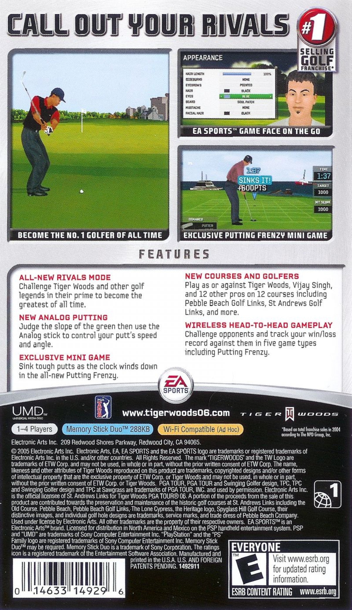 Tiger Woods PGA Tour 06 PSP back of case for PlayStation Portable (PSP) golf sports game