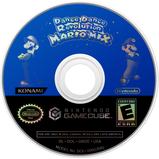 Disc art for Dance Dance Revolution Mario Mix GameCube GC video game, rhythm and music, dance gameplay, multiplayer, family-friendly, Nintendo GameCube classic