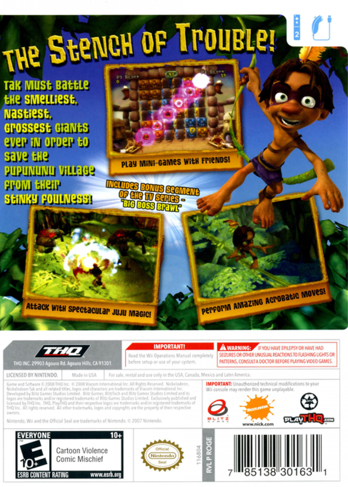 Tak and the Guardians of Gross game for the Nintendo Wii featuring action adventure gameplay with motion controls puzzle solving platforming elements and humorous story driven missions as Tak battles gross themed enemies and saves the jungle back cover art