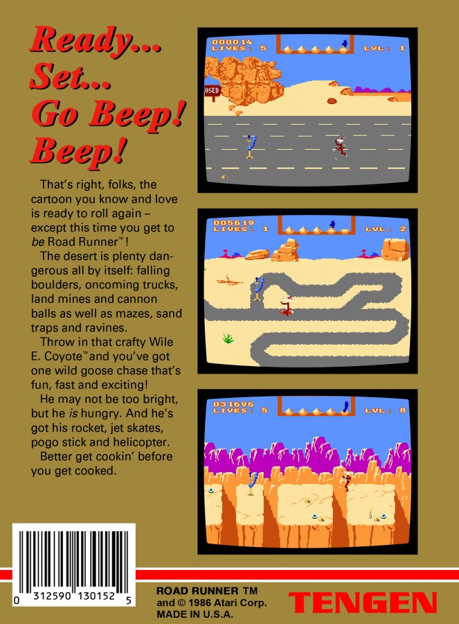 Road Runner Nintendo Entertainment System NES video game featuring classic arcade action gameplay Wile E Coyote and Road Runner Looney Tunes characters high speed desert chase levels obstacle dodging cartoon style action enemy avoidance platforming challenges colorful environments and classic 8 bit Nintendo gameplay retro video game collection collectible gaming appeal back cover art