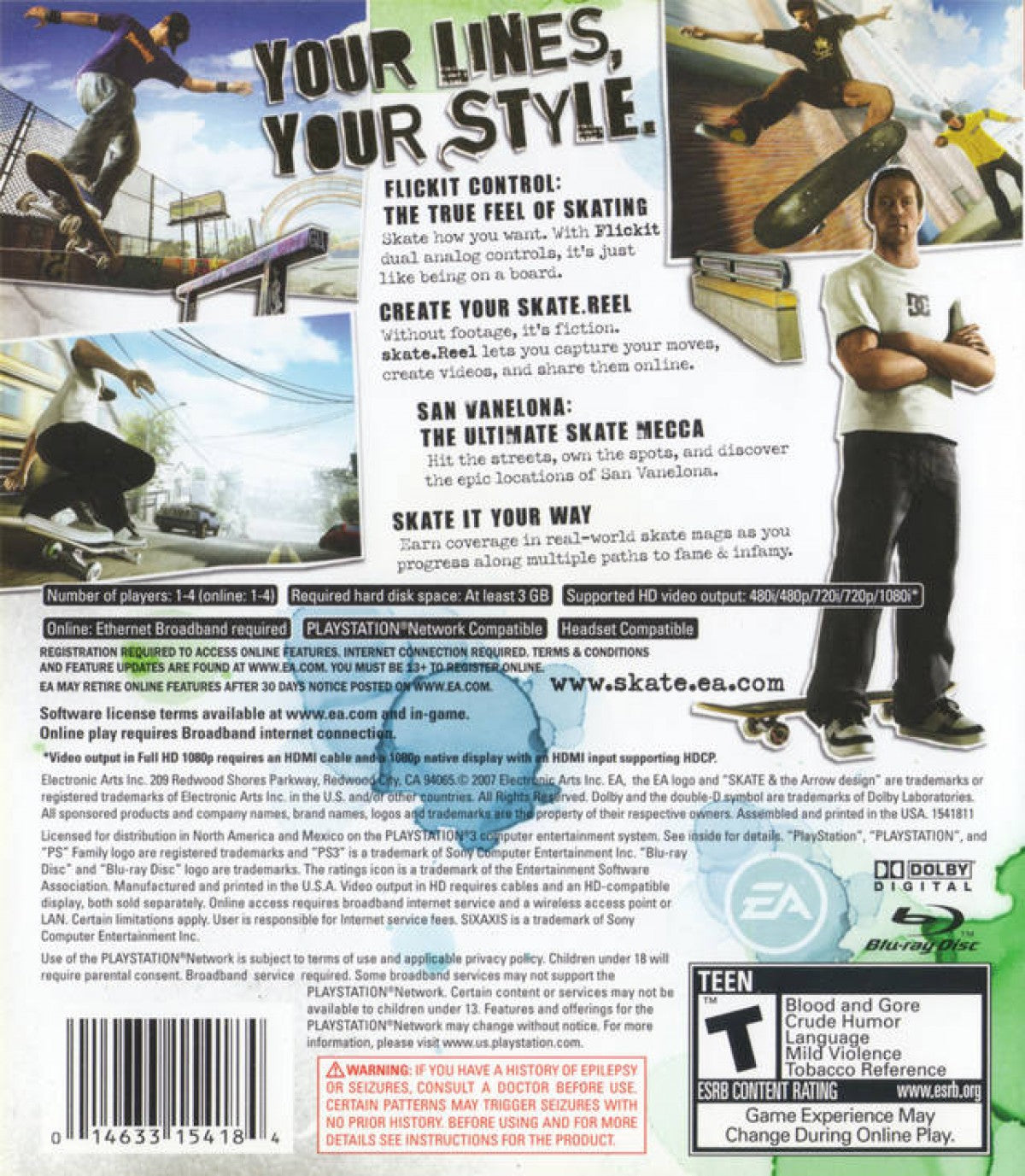Skate PlayStation 3 skateboarding simulation video game EA Black Box flick it control scheme realistic physics San Vanelona open world locations career mode skate parks video editor soundtrack create a skater professional challenges online multiplayer skate reels back cover