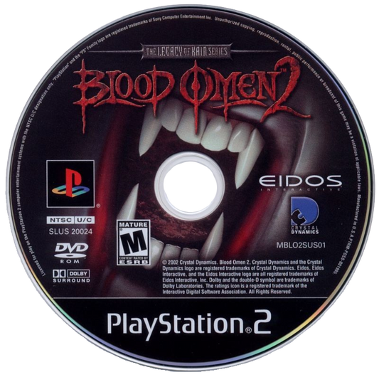 Blood Omen 2 for PlayStation 2 with dark vampire-themed action-adventure focus disc