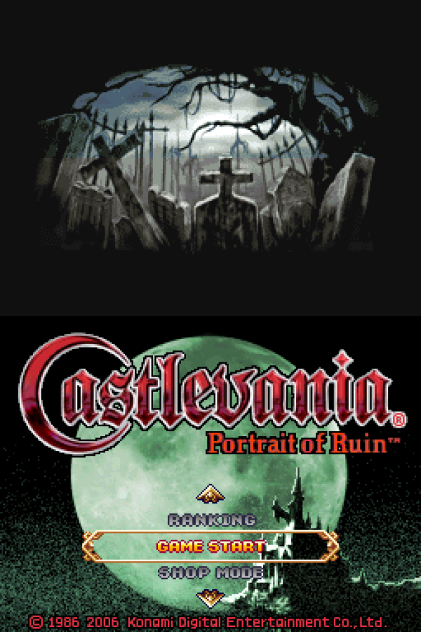 Castlevania: Portrait of Ruin start screen for Nintendo DS (DS) gothic action RPG video game