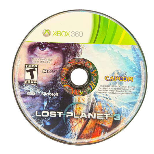 Lost Planet 3 Xbox 360 inspired design featuring sci fi survival shooter aesthetic frozen alien planet exploration industrial mech equipment hostile creature encounters cinematic action combat futuristic colonization atmosphere nostalgic Capcom gameplay presentation disc