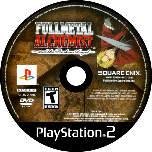 Retro Fullmetal Alchemist and the Broken Angel PS2 inspired design featuring anime action RPG aesthetic vintage PlayStation 2 adventure alchemy powered combat Edward Elric Alphonse Elric fantasy steampunk world nostalgic anime game presentation disc