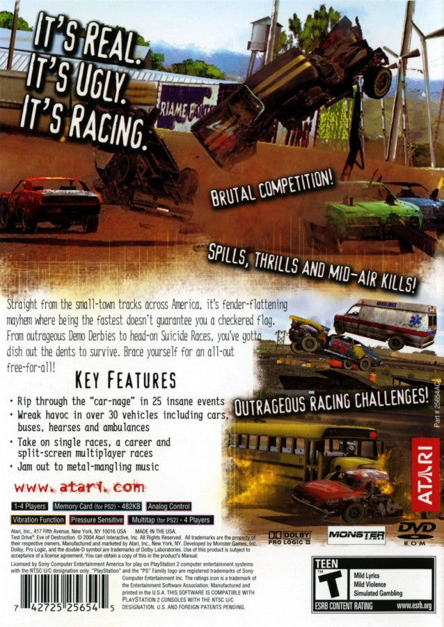 Test Drive: Eve of Destruction – PlayStation 2 (PS2) video game back of case, demolition derby racing.
