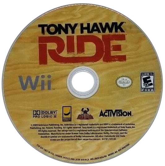 Tony Hawk: Ride disc art for Nintendo Wii (Wii) featuring motion‑controlled skateboarding with the Ride board peripheral, tricks, and arcade‑style challenges.