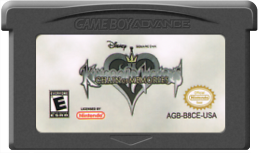 Kingdom Hearts Chain of Memories for Game Boy Advance, cartridge for an action role-playing video game with card-based combat, real-time battles, character progression, and Disney-inspired storyline