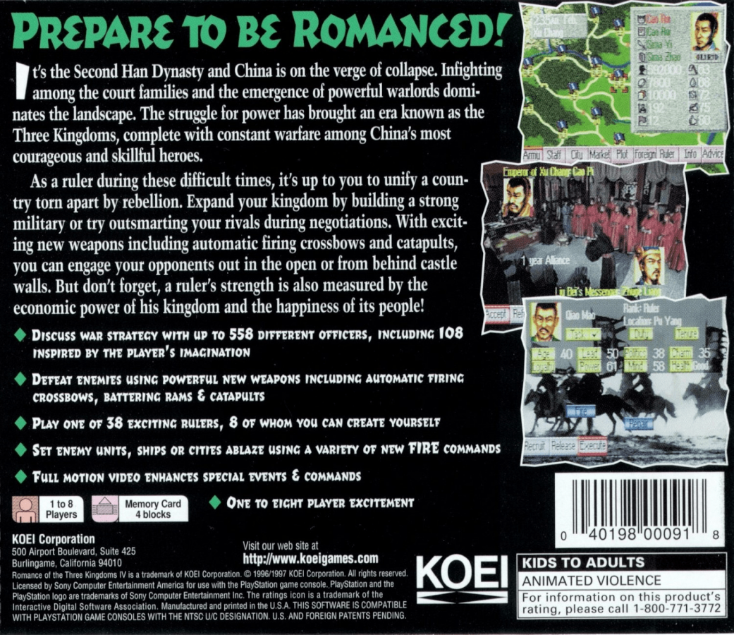 Romance of the Three Kingdoms IV: Wall of Fire back of case for PlayStation 1 (PS1) strategy video game