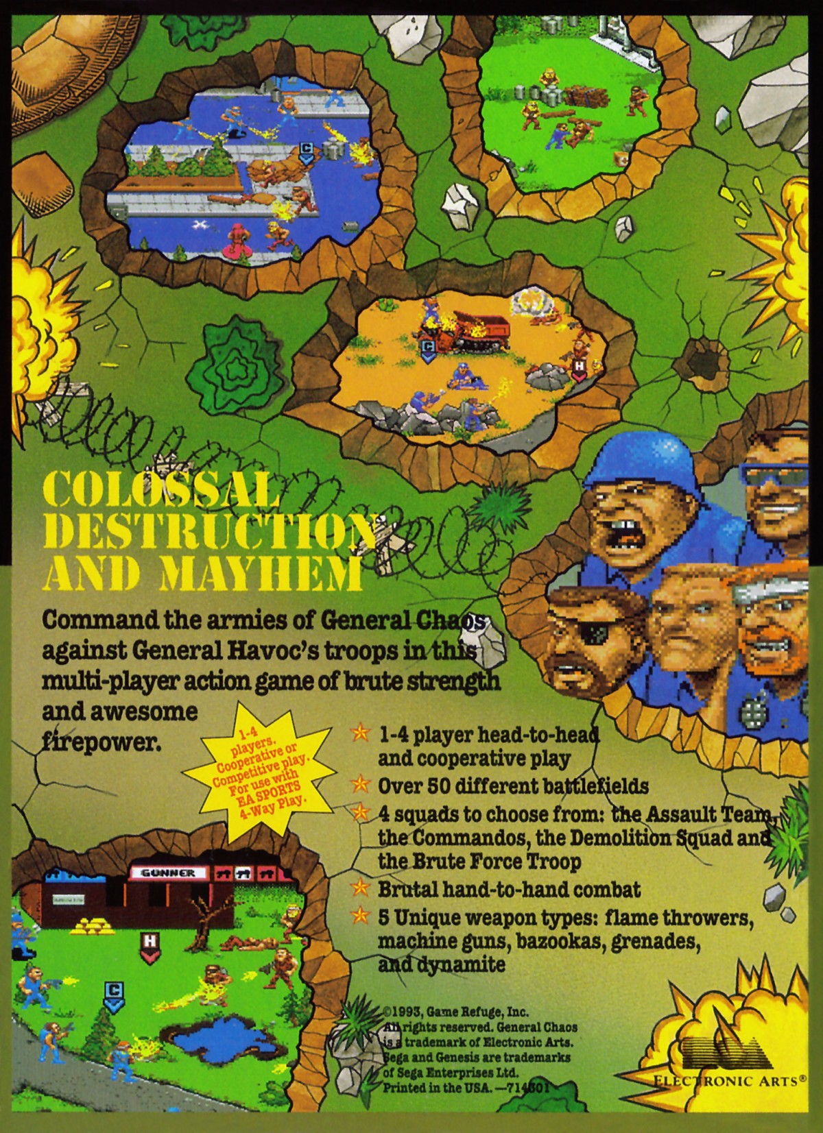 General Chaos Sega Genesis GEN for retro video game enthusiasts featuring real time strategy action gameplay squad based military combat tactical battlefield missions multiplayer competition humorous war themed action and collectible gaming appeal back cover