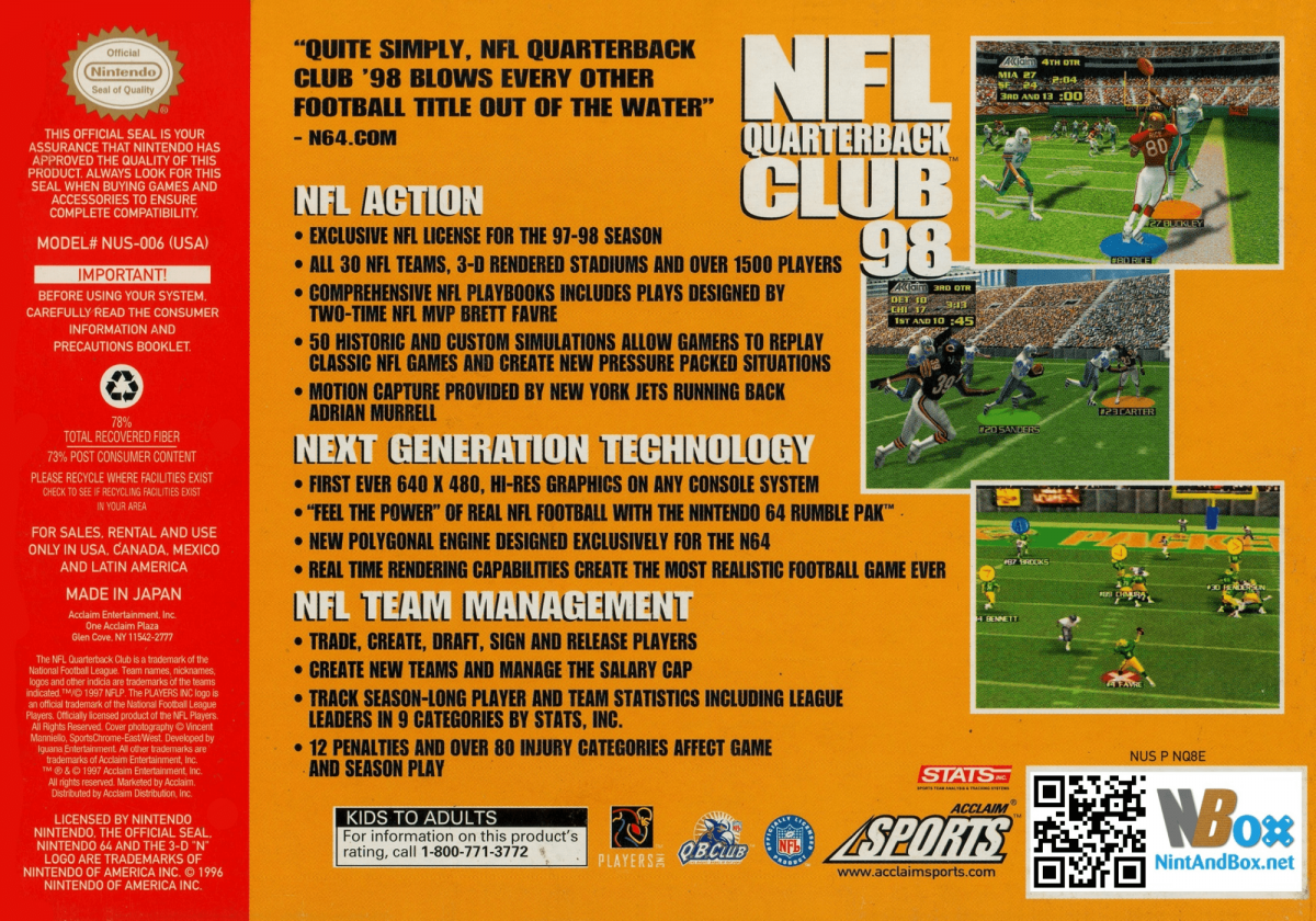 NFL Quarterback Club 98 back cover art for Nintendo 64 N64 video game