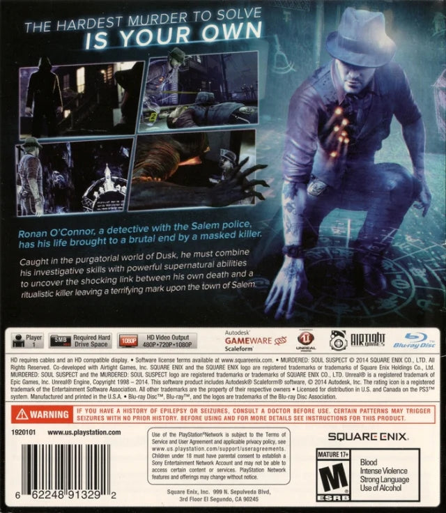 Murdered: Soul Suspect back cover art for PlayStation 3 (PS3) video game