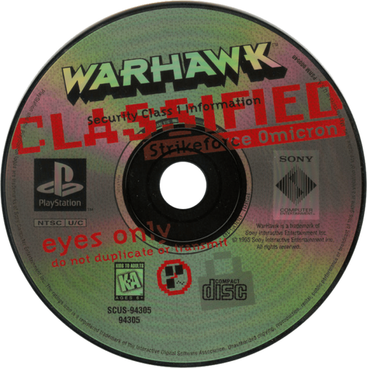 Warhawk disc for PlayStation 1 (PS1) flight combat video game