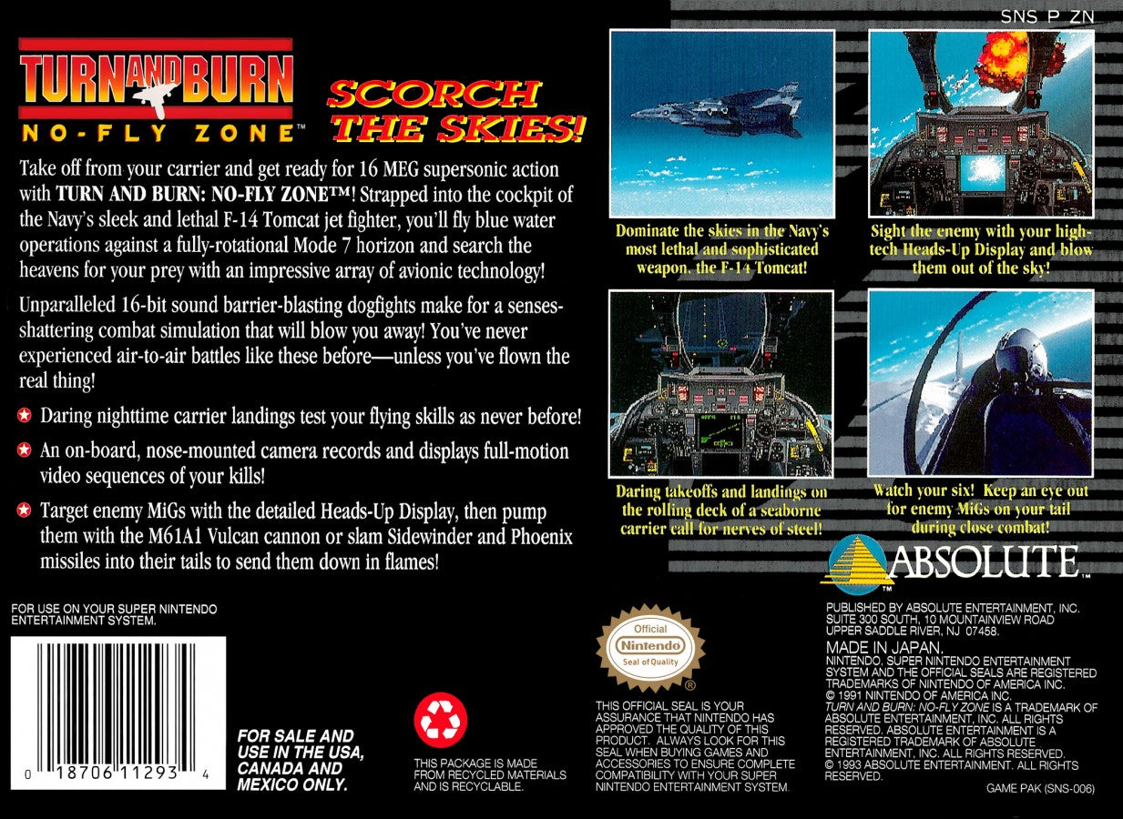 Turn and Burn No Fly Zone Super Nintendo Entertainment System inspired design featuring military flight combat simulation aesthetic high speed jet fighter action aerial dogfights mission based warfare cockpit gameplay classic 16 bit aviation adventure presentation back cover
