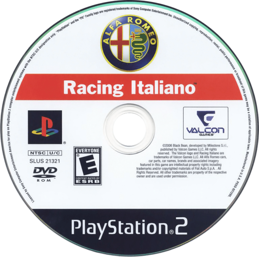 Retro Alfa Romeo Racing Italiano PS2 inspired design featuring exotic European sports car racing aesthetic vintage PlayStation 2 Italian automotive culture realistic driving simulation high speed circuits sleek performance vehicles nostalgic racing game presentation - disc