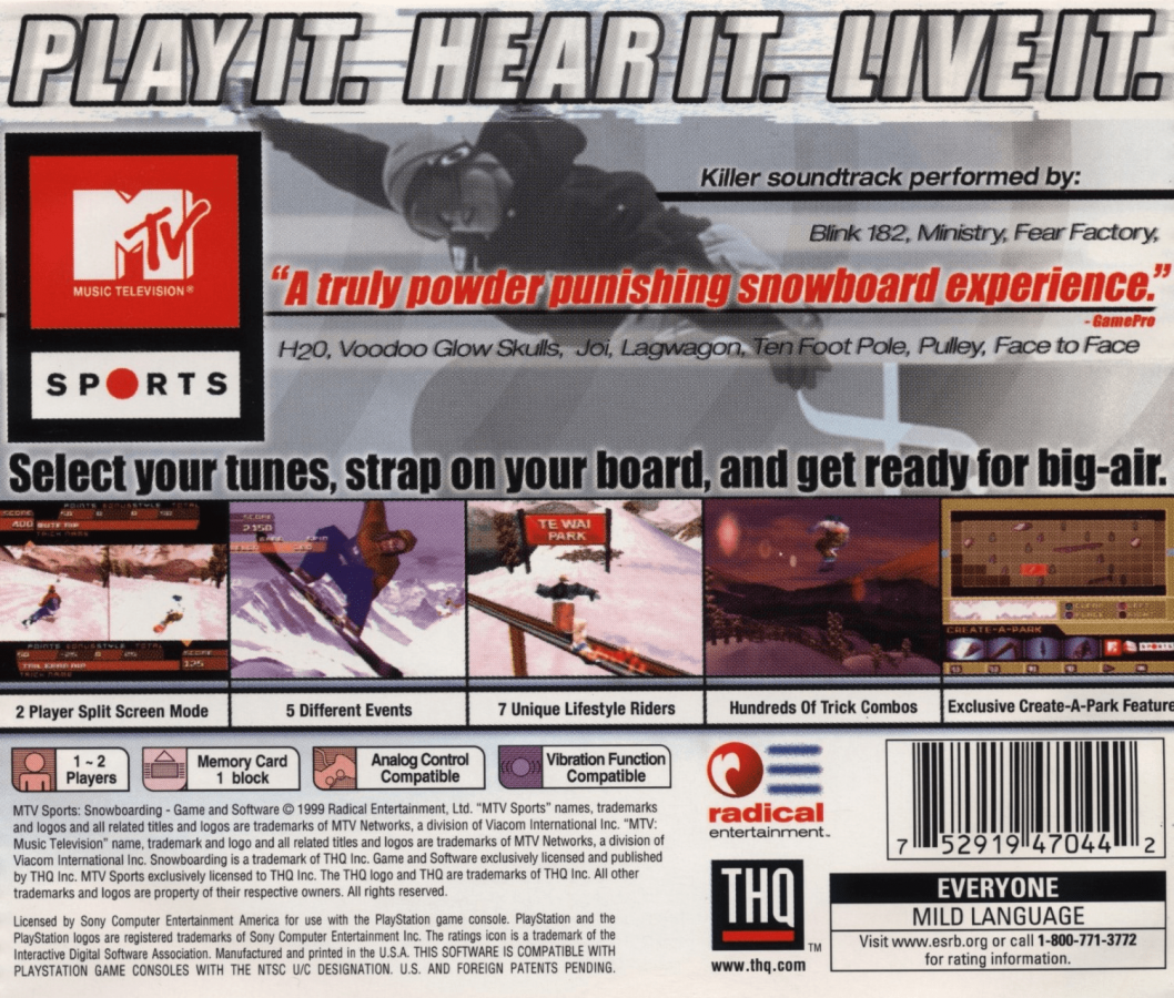 Snowboarding back of case for PlayStation 1 (PS1) snowboarding sports video game
