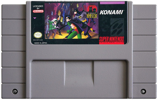 The Adventures of Batman and Robin for Super Nintendo action platformer featuring Batman and Robin battling villains from the animated series with gadgets combat and side scrolling gameplay cartridge
