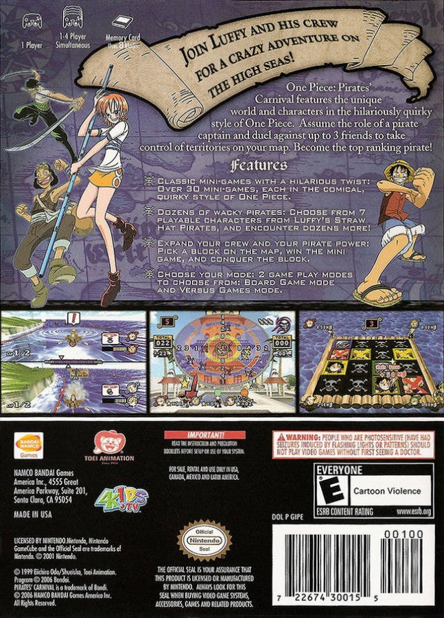 One Piece Pirates Carnival for GameCube featuring party style mini games and characters from the One Piece universe back cover art