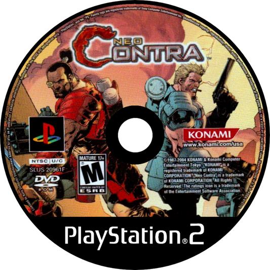 Neo Contra PS2 Sony PlayStation 2 run and gun action shooter Contra series arcade style top down and third person hybrid gameplay fast paced shooting enemy waves Konami co op action sci fi combat retro gaming PlayStation 2 software video game title disc