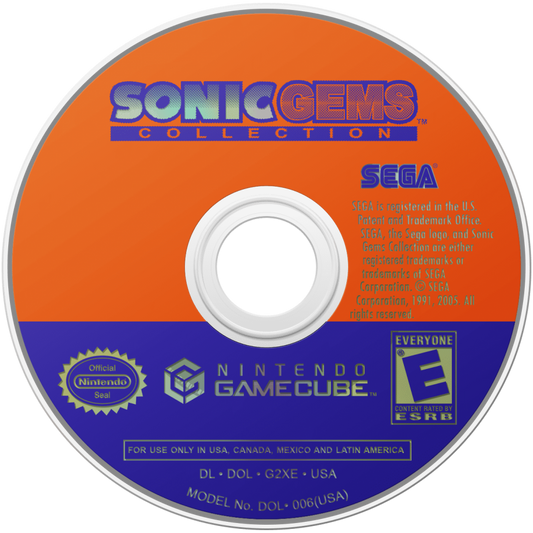 Sonic Gems Collection disc art for GameCube game featuring classic Sonic titles and retro arcade gameplay compilation