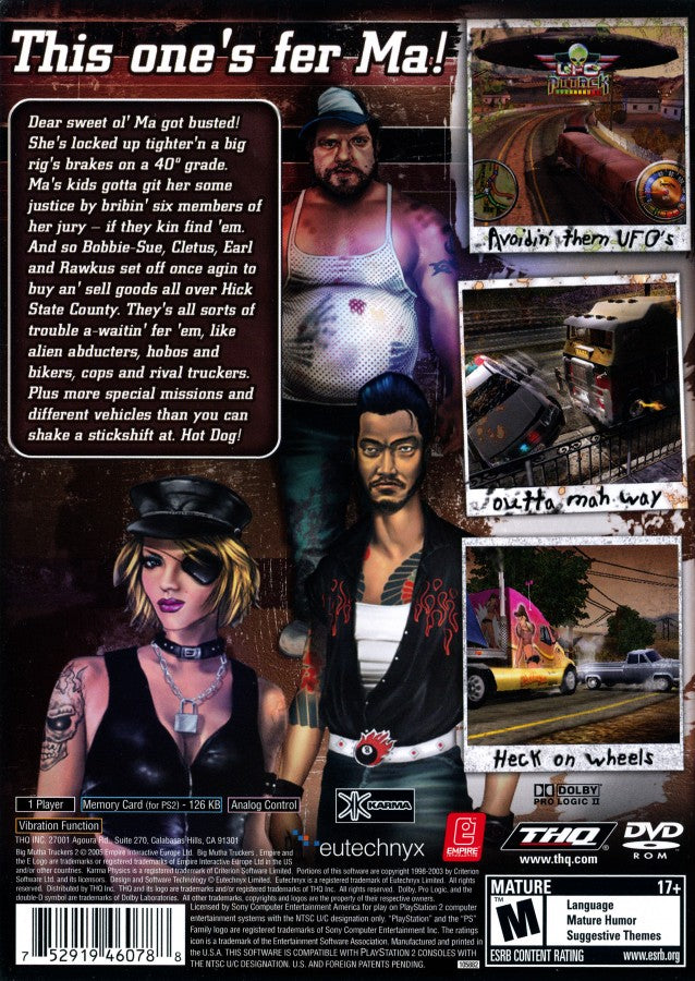 Retro Big Mutha Truckers 2 PS2 inspired design featuring over the top trucking adventure aesthetic vintage PlayStation 2 southern humor chaotic highway races cargo hauling arcade driving gameplay outrageous characters nostalgic road trip action presentation - back of case