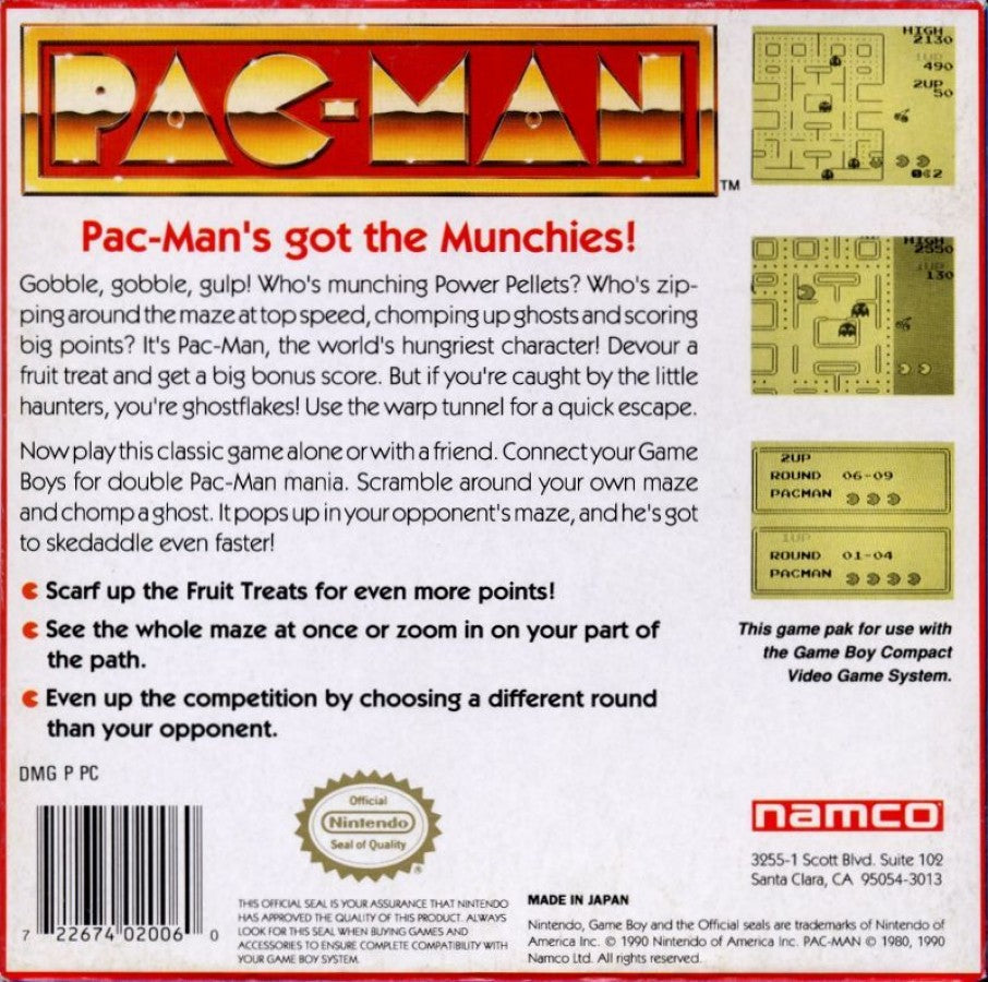 Pac-Man back cover art for Game Boy (GB) video game