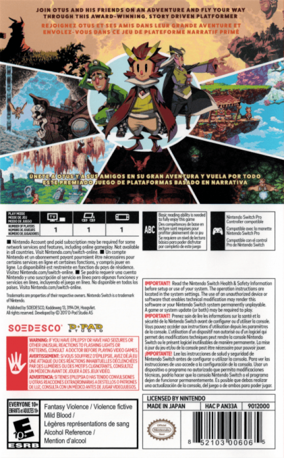 Owlboy back of box for Nintendo Switch (NS) video game