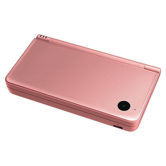 Closed Nintendo DSi XL in rose pink showing outer shell, hinge, and sleek portable design