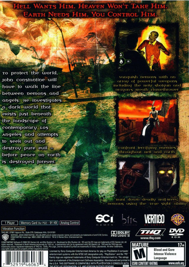 Constantine for PlayStation 2 with dark action-adventure and supernatural thriller theme back cover art