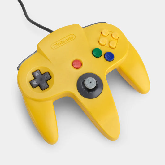 Nintendo 64 Controller Yellow OEM original first party controller for the Nintendo 64 featuring a bright yellow design with analog stick ergonomic three prong grip and responsive buttons for classic multiplayer gaming front