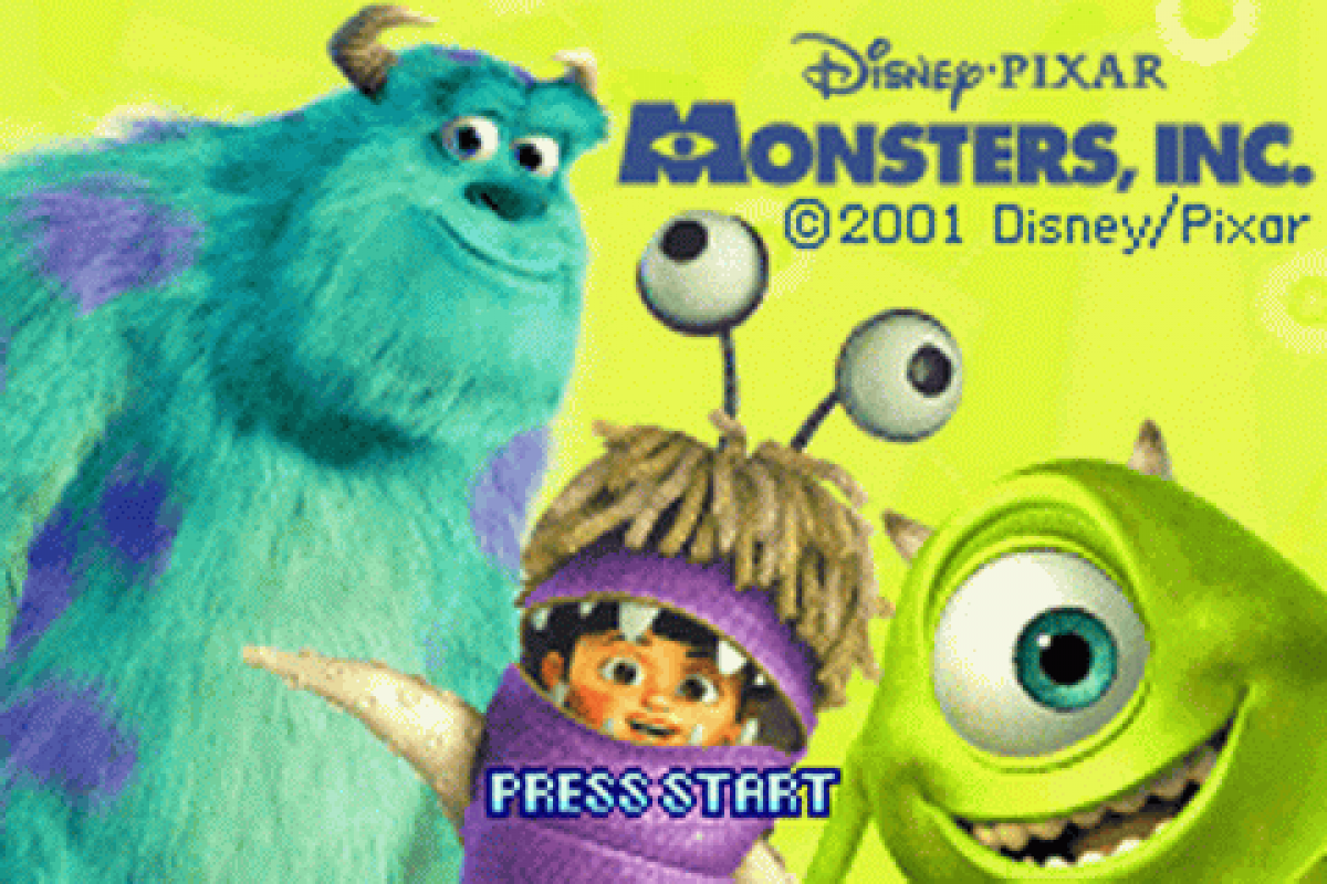 Disney Pixar Monsters, Inc. platformer retro video game for Nintendo Game Boy Advance (GBA), featuring Sulley and Mike Wazowski start screen