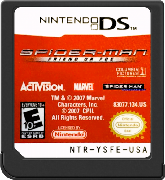 Spider-Man Friend or Foe for Nintendo DS (DS), cartridge for a retro video game featuring action-adventure gameplay, beat-em-up combat, character-based missions, co-op mechanics, and superhero-themed battles