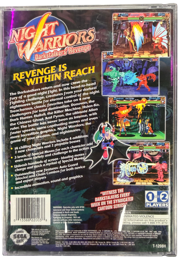 Night Warriors Darkstalkers Revenge Sega Saturn SS for fighting video game fans featuring supernatural characters fast paced arcade combat special moves combo attacks unique fighting styles colorful gothic environments multiplayer battles and classic Capcom arcade gameplay collectible retro Sega Saturn gaming appeal back cover art
