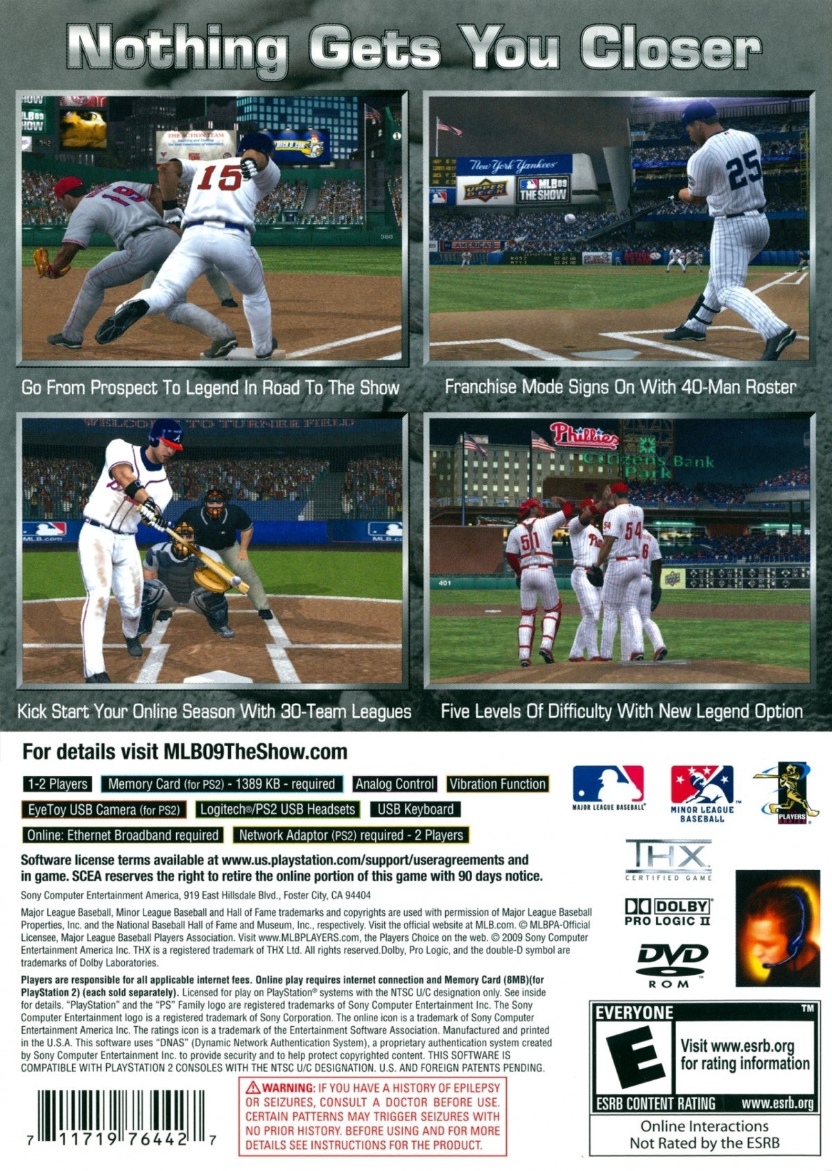 MLB 09: The Show back cover art for PlayStation 2 (PS2) featuring realistic baseball simulation with authentic teams, players, and immersive stadium gameplay.