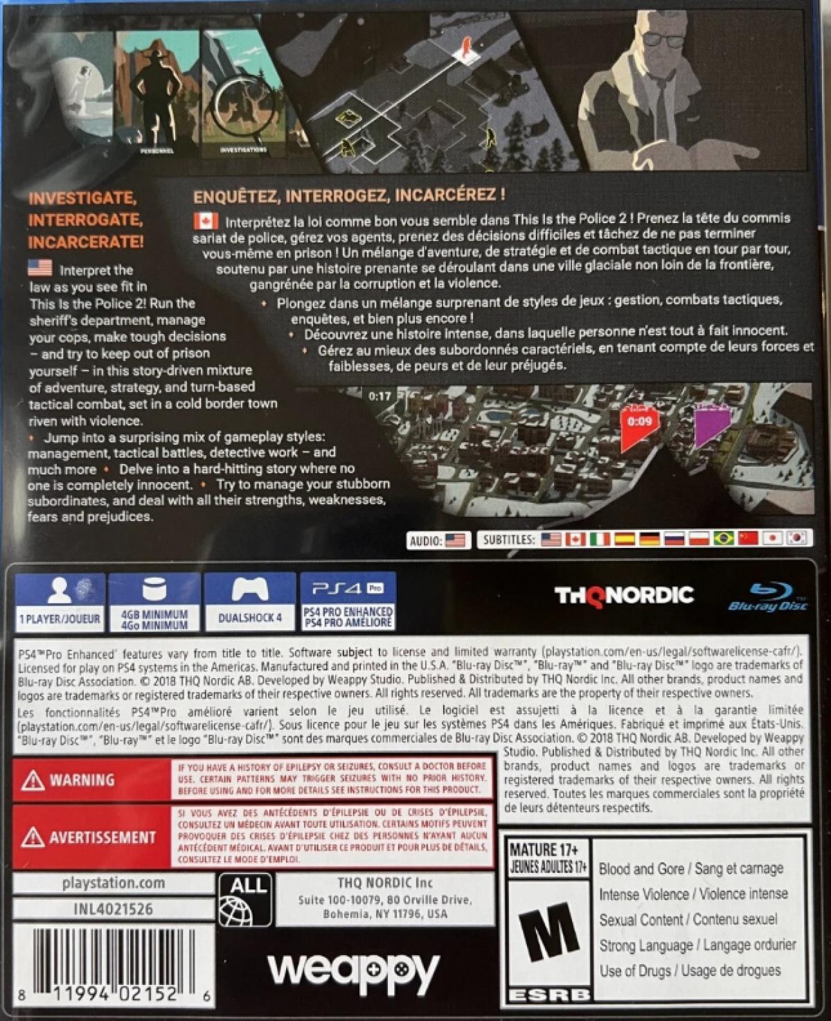 This Is the Police II – PlayStation 4 (PS4) video game back of case, strategy adventure.