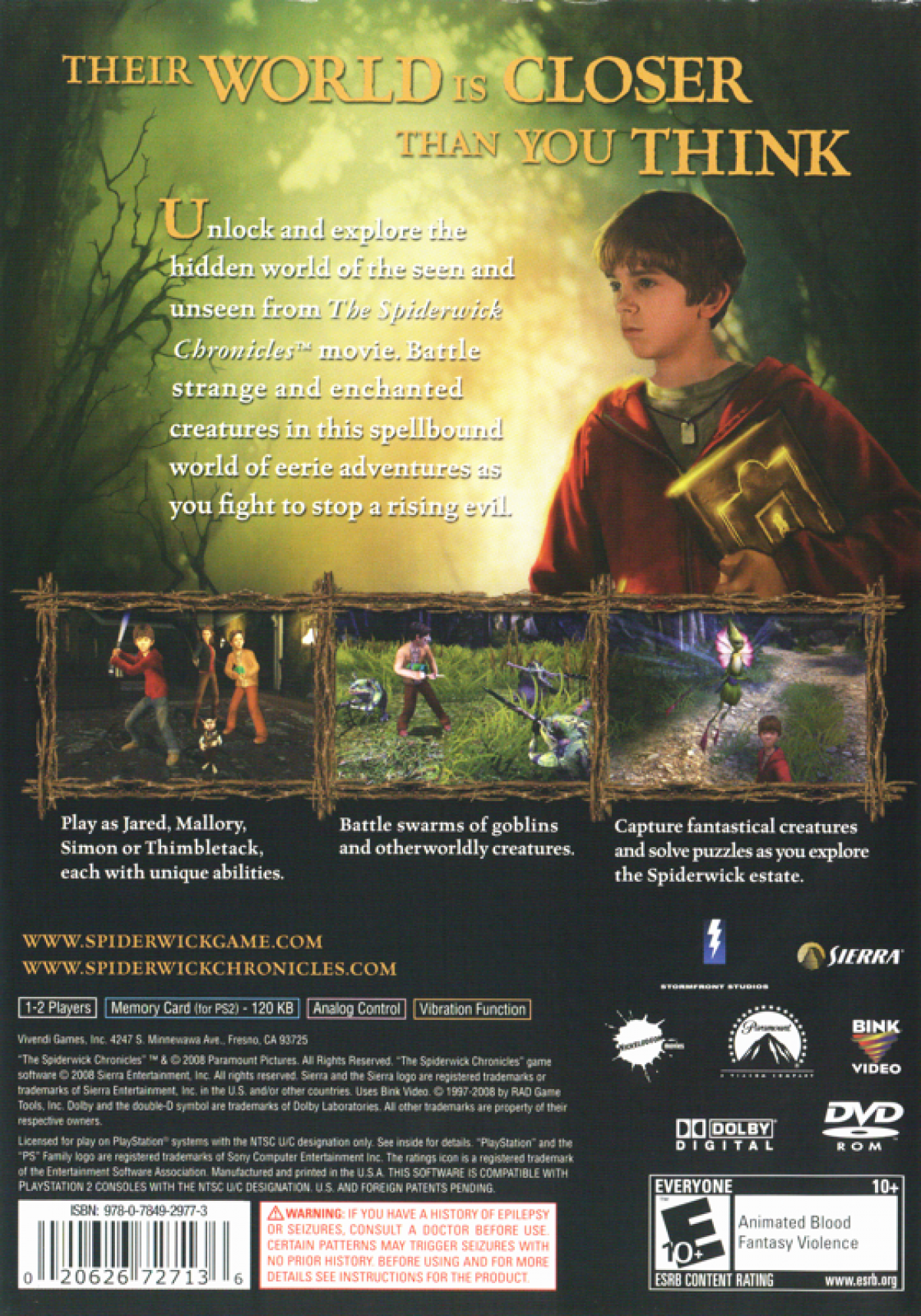 The Spiderwick Chronicles – PlayStation 2 (PS2) video game back of case, action-adventure fantasy.